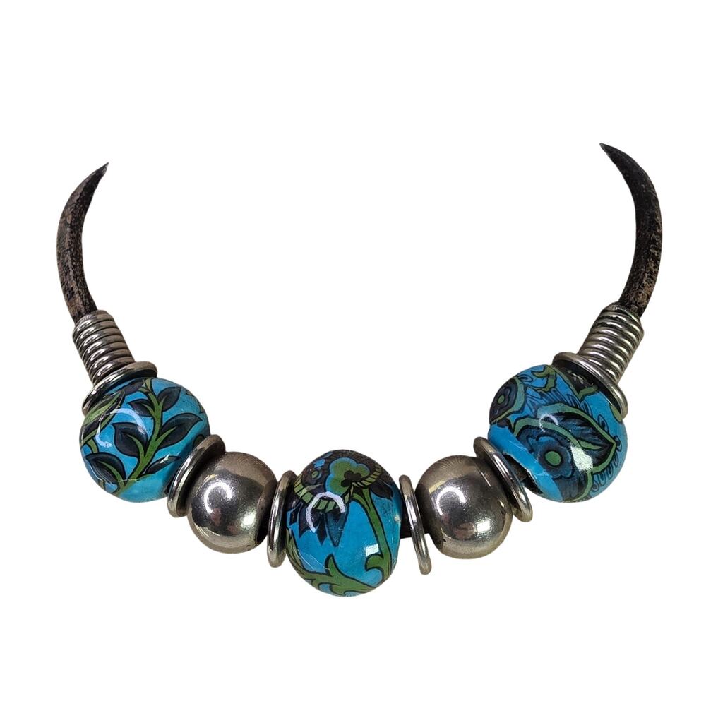 Vintage BOHO Blue Ceramic Bead Necklace w/ Silver Tone on Black Cord 15.5 Inch